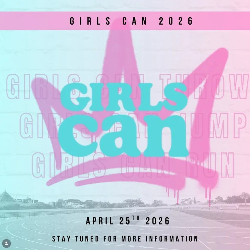 Girls Can 2026 poster: a spray-painted crown over a running track, dated April 25th 2026, with a note that more information is coming.