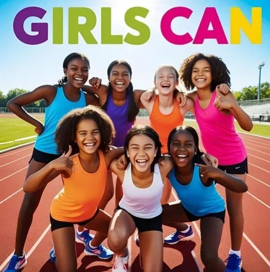 Seven smiling girls in bright athletic tops posing together on a running track under the words Girls Can.